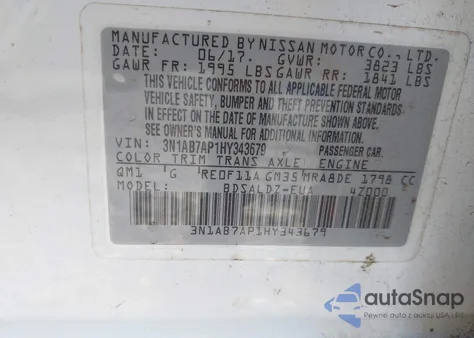 2017 Nissan Sentra Sv from USA, damaged, VIN 3N1AB7AP1HY343679